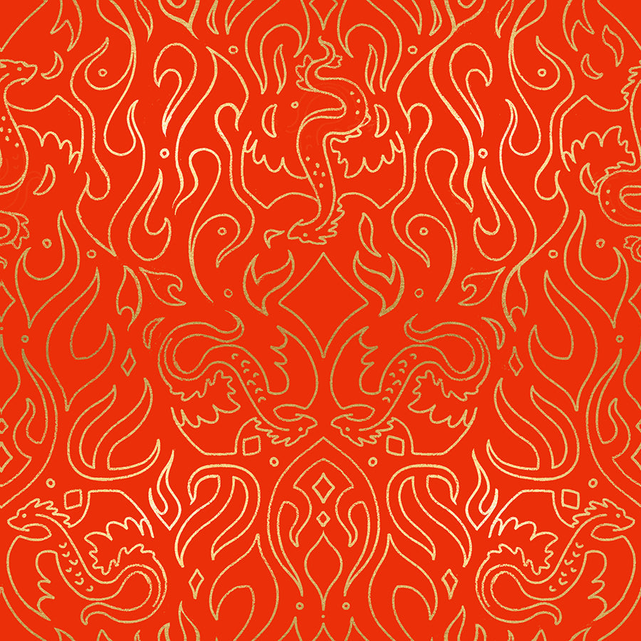 Fireglow Scribe Novelty Metallic Dragon Fantasy Dark Ruby by Sarah Watts for Moda Fabrics RS2137-12M