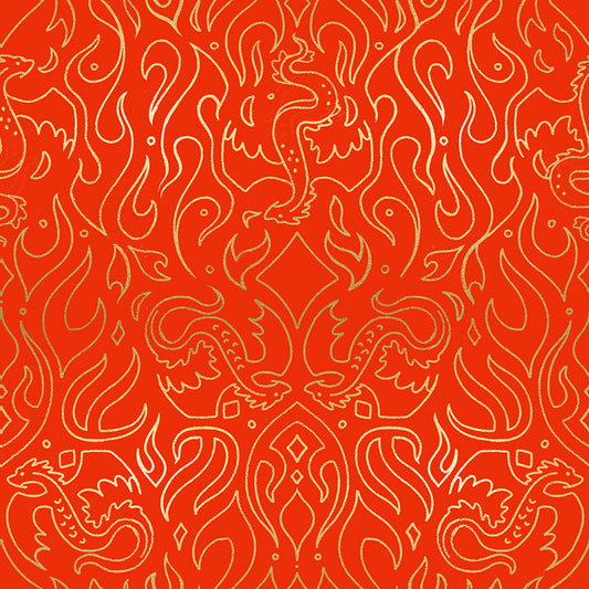 Fireglow Scribe Novelty Metallic Dragon Fantasy Dark Ruby by Sarah Watts for Moda Fabrics RS2137-12M