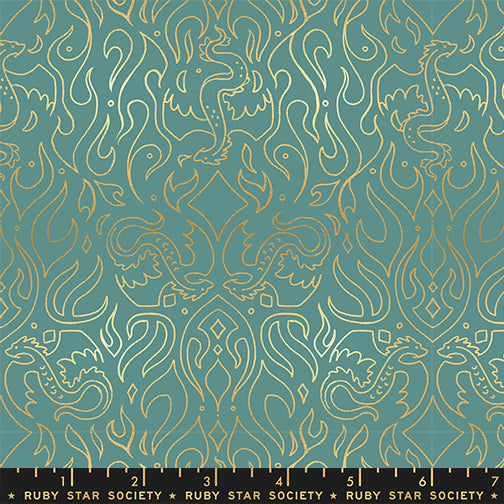 Fireglow Scribe Novelty Metallic Dragon Fantasy Watercress by Sarah Watts for Moda Fabrics RS2137-13M scale