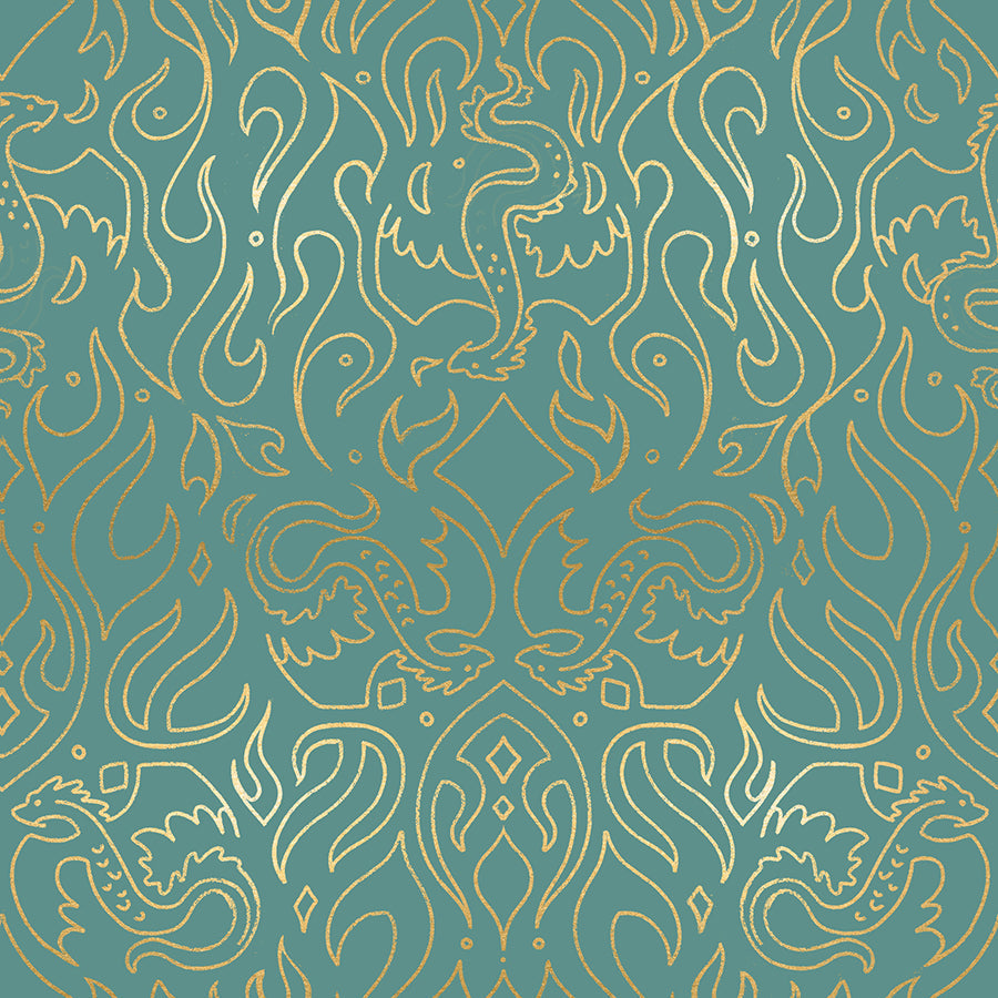 Fireglow Scribe Novelty Metallic Dragon Fantasy Watercress by Sarah Watts for Moda Fabrics RS2137-13M