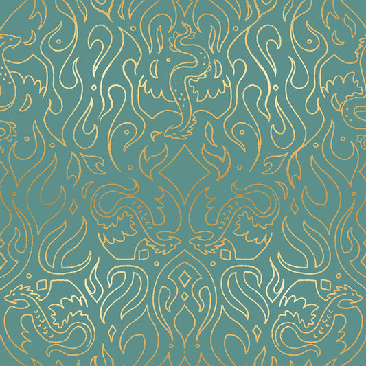 Fireglow Scribe Novelty Metallic Dragon Fantasy Watercress by Sarah Watts for Moda Fabrics RS2137-13M