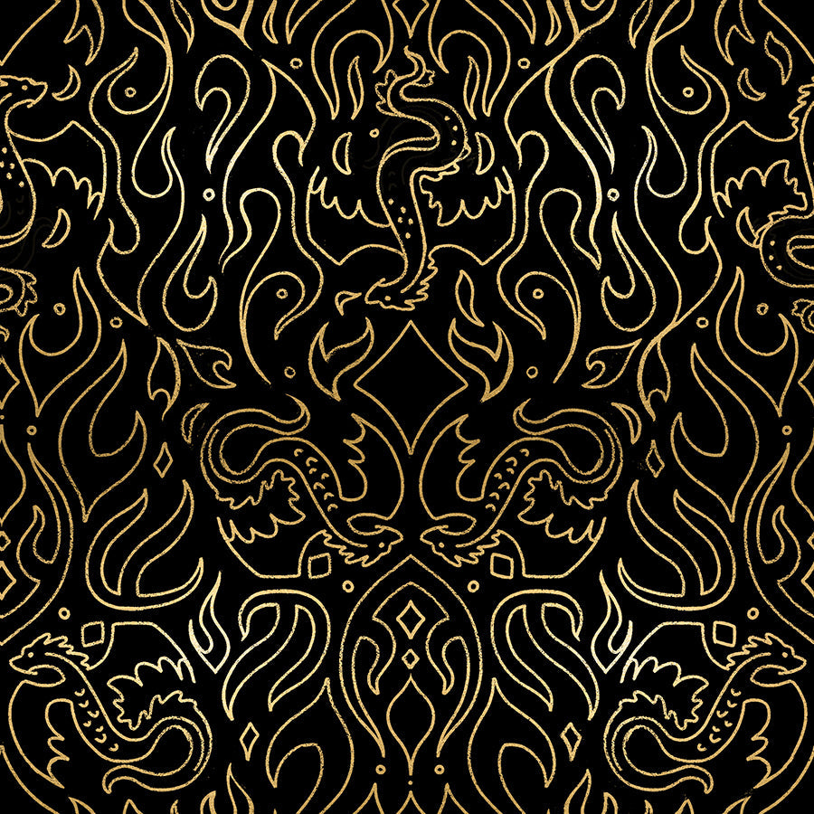 Fireglow Scribe Novelty Metallic Dragon Fantasy Black by Sarah Watts for Moda Fabrics RS2137-15M
