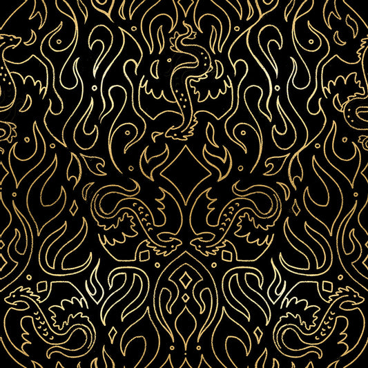 Fireglow Scribe Novelty Metallic Dragon Fantasy Black by Sarah Watts for Moda Fabrics RS2137-15M