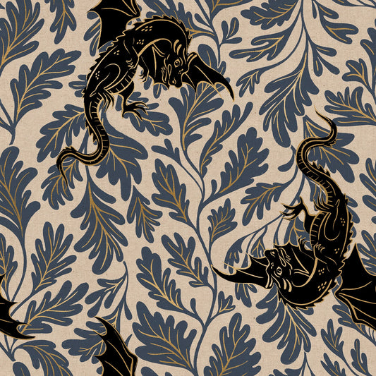 Fireglow Dragon Lair Canvas Novelty Metallic Dragon Fantasy Smoke by Sarah Watts for Moda Fabrics RS2138-16LM