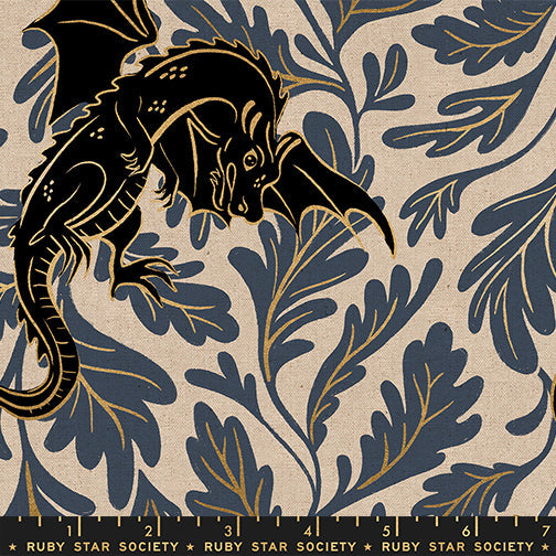 Fireglow Dragon Lair Canvas Novelty Metallic Dragon Fantasy Smoke by Sarah Watts for Moda Fabrics RS2138-16LM scale