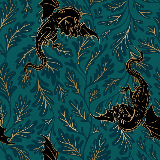 Fireglow Dragon Lair Canvas Novelty Metallic Dragon Fantasy Metallic Galaxy by Sarah Watts for Moda Fabrics RS2138-17LM