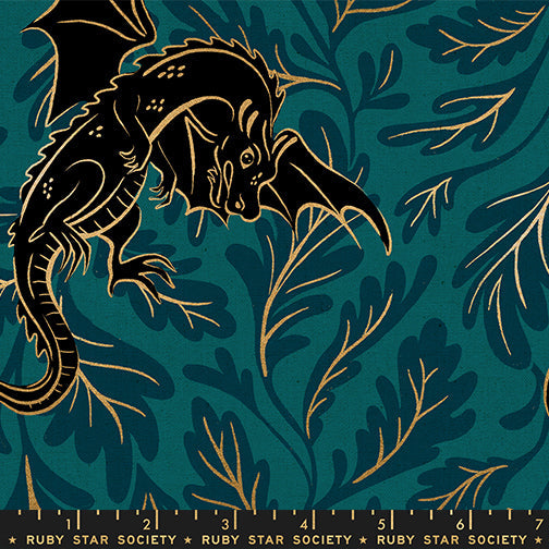 Fireglow Dragon Lair Canvas Novelty Metallic Dragon Fantasy Metallic Galaxy by Sarah Watts for Moda Fabrics RS2138-17LM scale